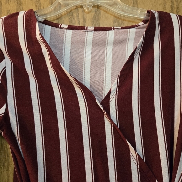 Maroon and White Striped Wrap Top - Picture 2 of 3